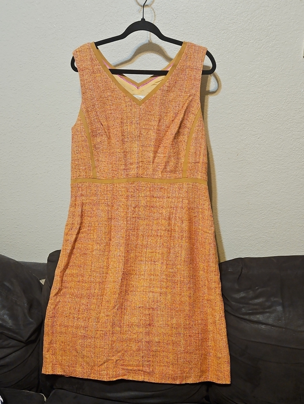 Talbots Orange Silk Blend Tweed V-Neck Midi Dress with Tan Piping